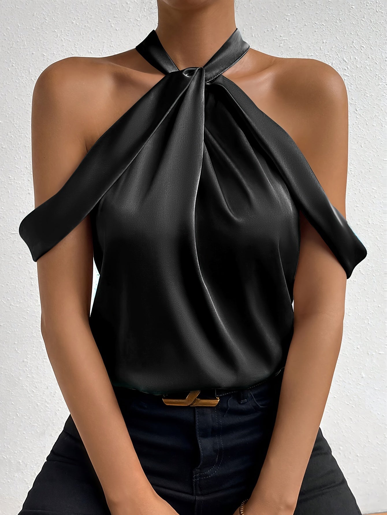 Elegant Twist Front Halter Neck Blouse - Soft Polyester Solid Color Shirting with Ribbon Detail, Machine Washable, All-Season Wear for Women - Customized, No Sheer, No Elasticity, No Printing