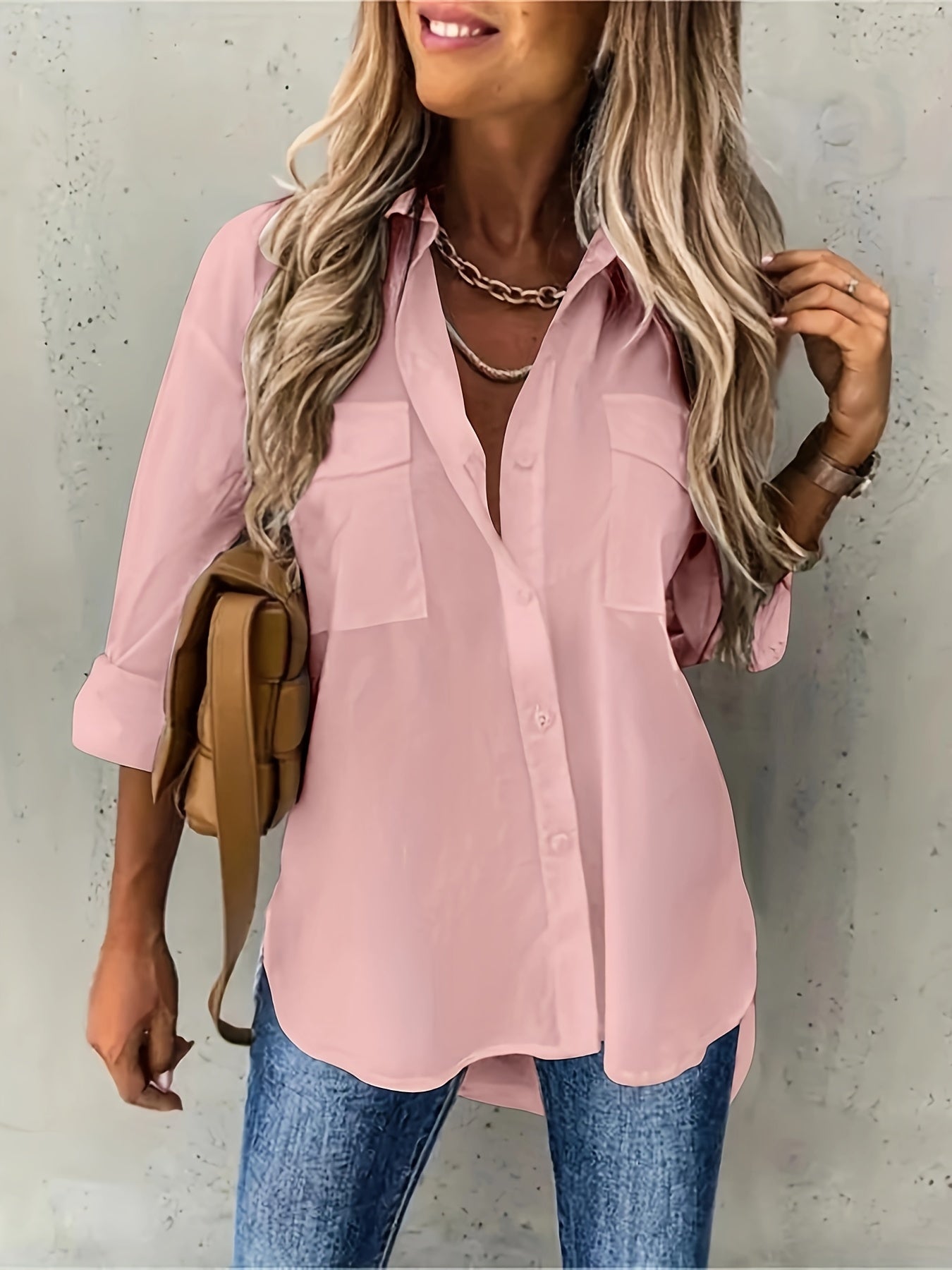 Plus Size Womens Charming Blouse - Long Sleeve Solid Shirt with Flattering Lapel Collar & Stylish Button-Up Design, Trendy Plus Size Top featuring Practical Flap Pockets for Casual Chic Style