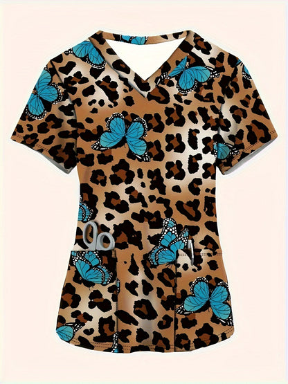 Women's Fashion V-Neck Scrub Top with Leopard & Butterfly Print, Comfortable Medical Nurse Uniform with Pockets - Polyester Blend