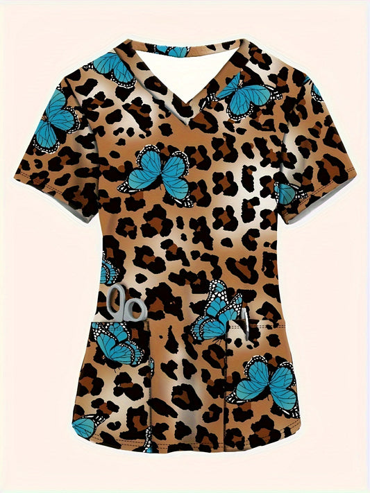 Women's Fashion V-Neck Scrub Top with Leopard & Butterfly Print, Comfortable Medical Nurse Uniform with Pockets - Polyester Blend