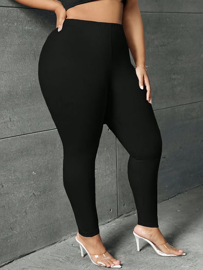 Plus Size Basic Leggings, Solid Elastic High Rise High Stretch