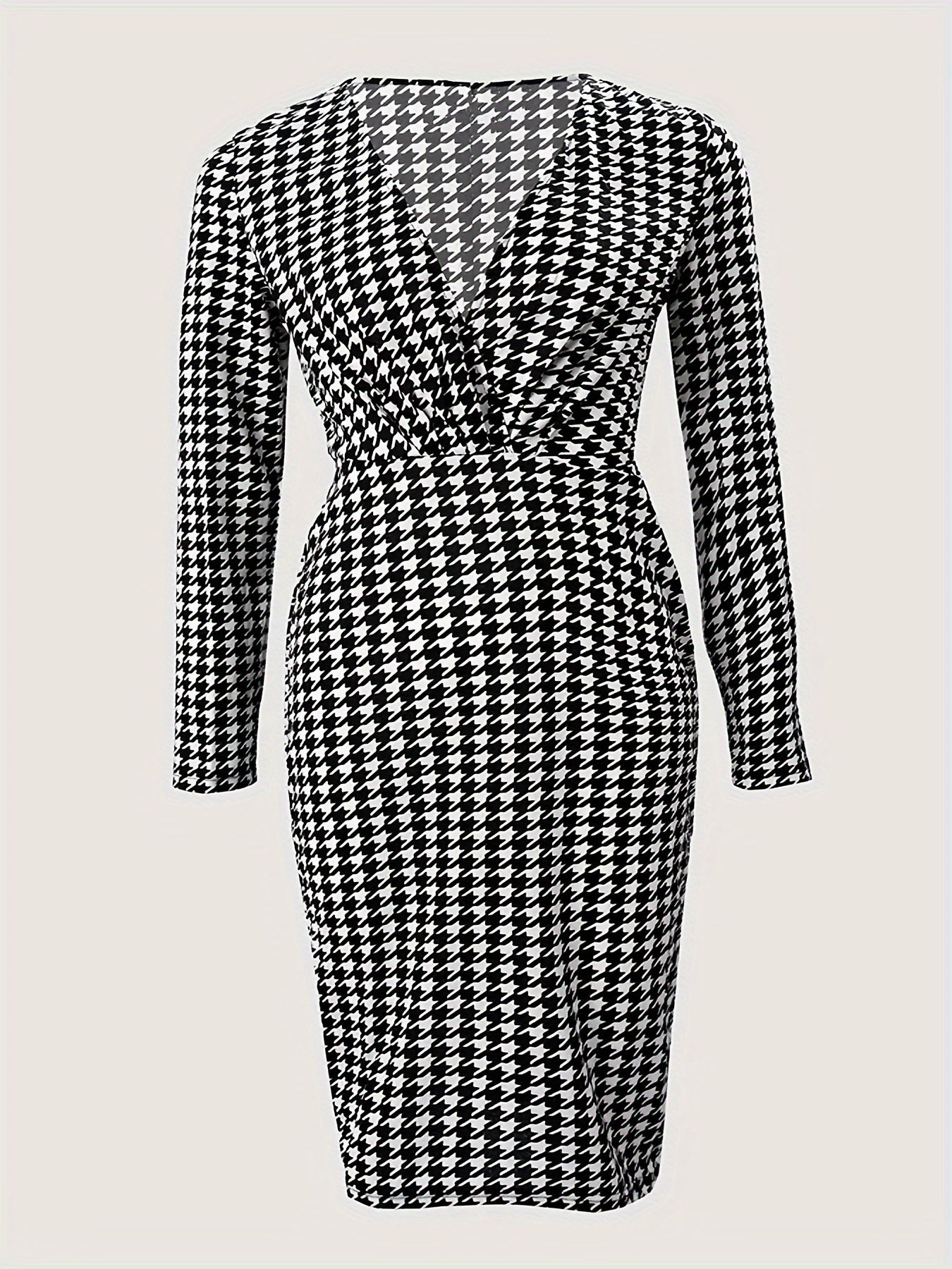 Stunning Plus Size Houndstooth Print Bodycon Dress - Plus Size Dresses - Long Sleeve, V Neck, Elegant