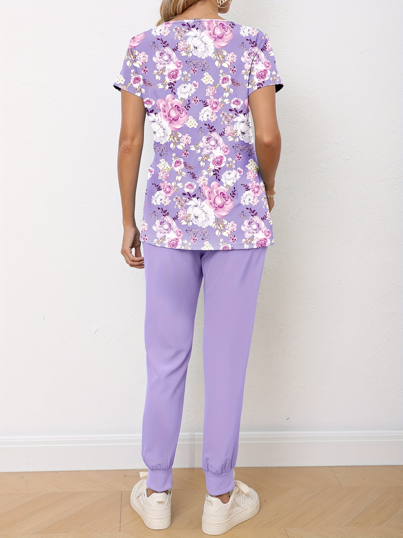 Womens Trendy Floral Print Two-Piece Scrub Set - Comfortable & Professional Medical Outfit with Functional V-Neck Top & Adjustable Pants