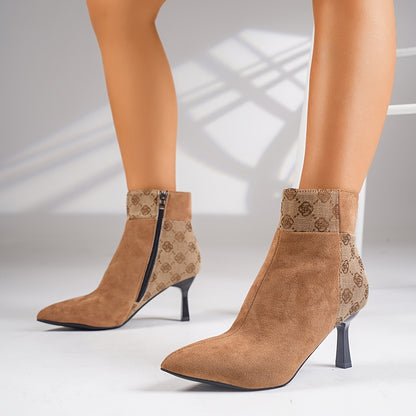 Botas de tacón de aguja con diseño de patchwork elegantes para mujer: cremallera lateral, diseño sin cordones, punta puntiaguda, listas para banquetes, tacón elegante, ajuste cómodo