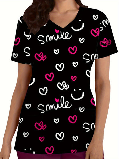 Heart Print Scrub Top, Comfortable & Functional Health Care Uniform Perfect For Working With Children In Hospitals & Dental Office, Women's Work Clothing