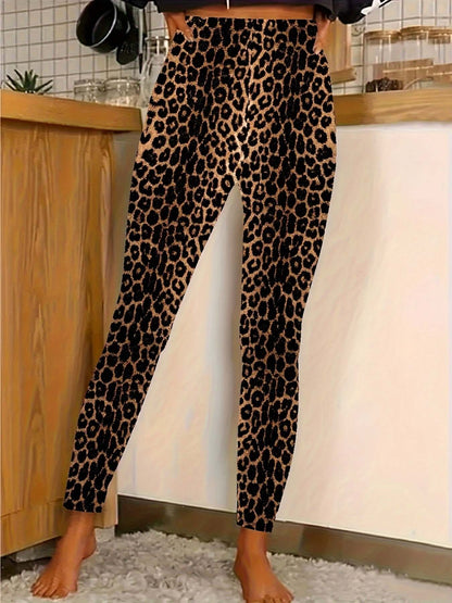 Leggings con estampado de leopardo de talla grande para mujer, elegantes pantalones de punto ajustados de gran elasticidad, mezcla de poliéster y elastano