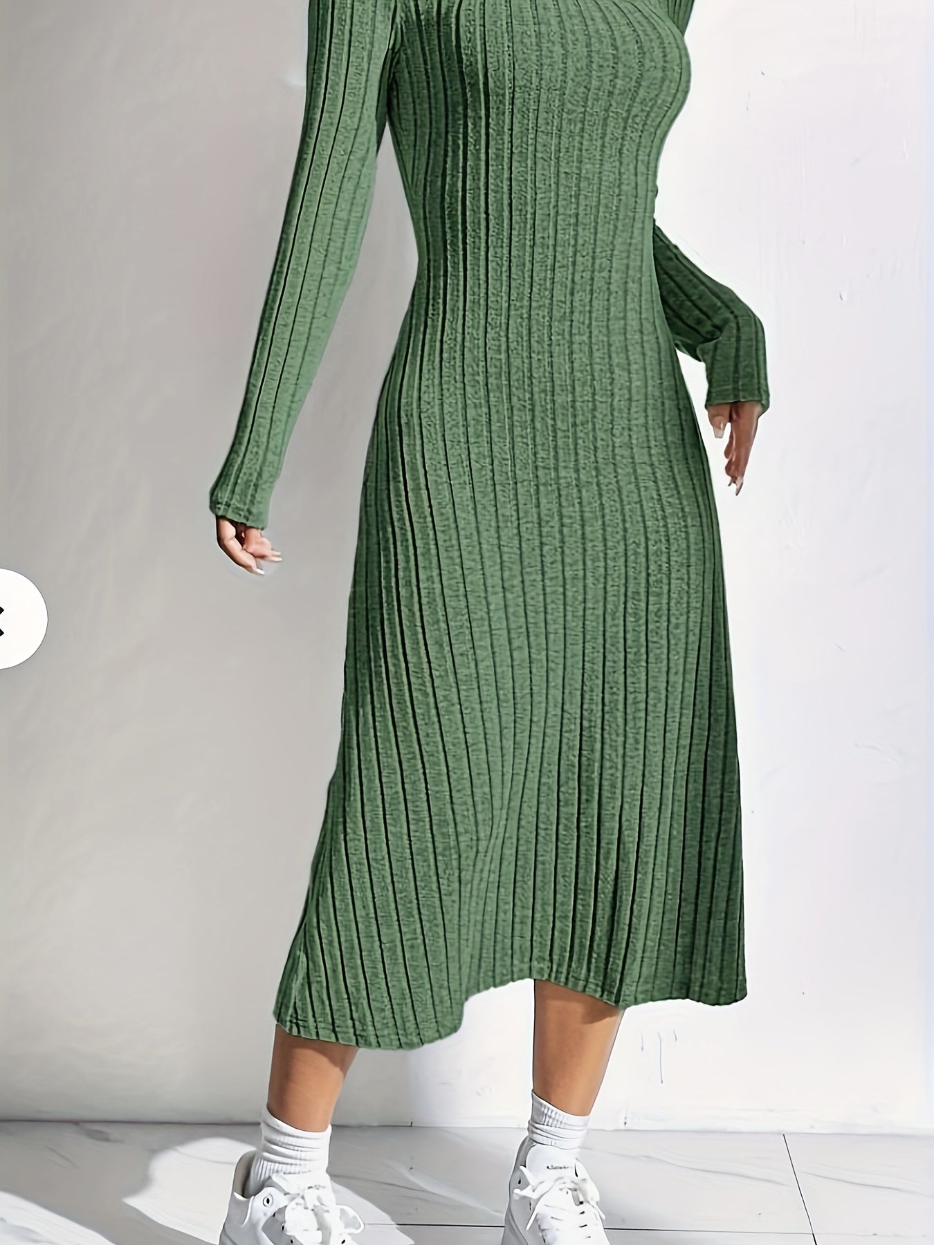 Women'S Ribbed Knit Long Sleeve Midi Dress, Casual Collar, Solid Color, Polyester, Fitted for Spring/Summer/Fall