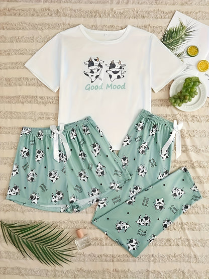 Women's Pajamas with Cow Print Three-Piece Set - LuxyXO