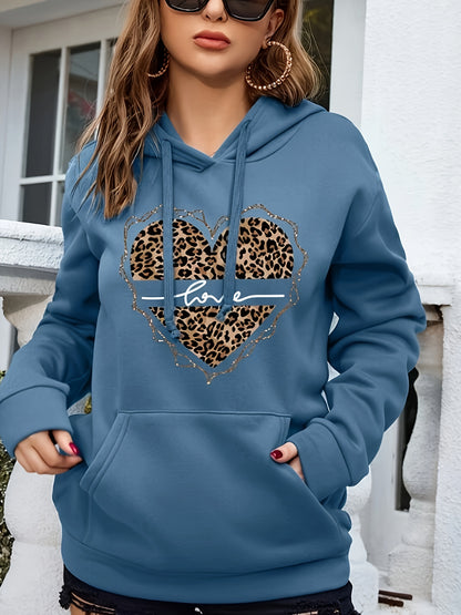 Leopard Print Drawstring Hoodie, Casual Long Sleeve Drop Shoulder Hoodie, Women's Clothing, Valentine's Day