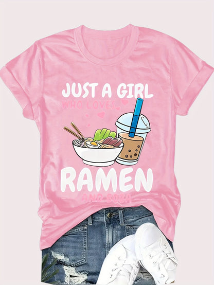 Camiseta de cuello redondo con estampado de ramen vibrante: camiseta de manga corta suave, transpirable e informal para primavera y verano: ropa de mujer de corte relajado para uso diario