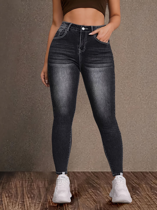 Plus size high waisted vintage stretch denim jeans with geometric embroidery in black, retro style and full length, perfect for fall and winter.