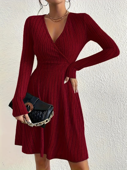 Plus Size Solid Ribbed Dress - Flattering Casual Style with Surplice Neck and Long Sleeve - Designed for Curvy Women, Plus Size Range