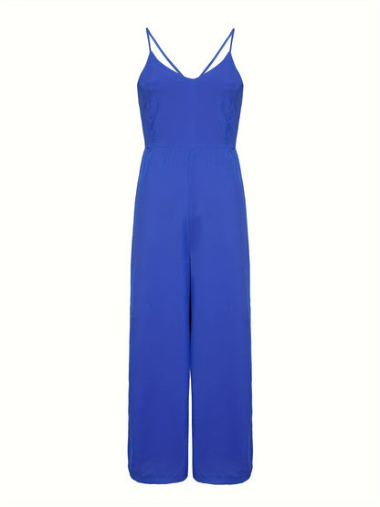 Cross Tie Back V-neck Jumpsuit, Sexy Solid Backless Jumpsuit