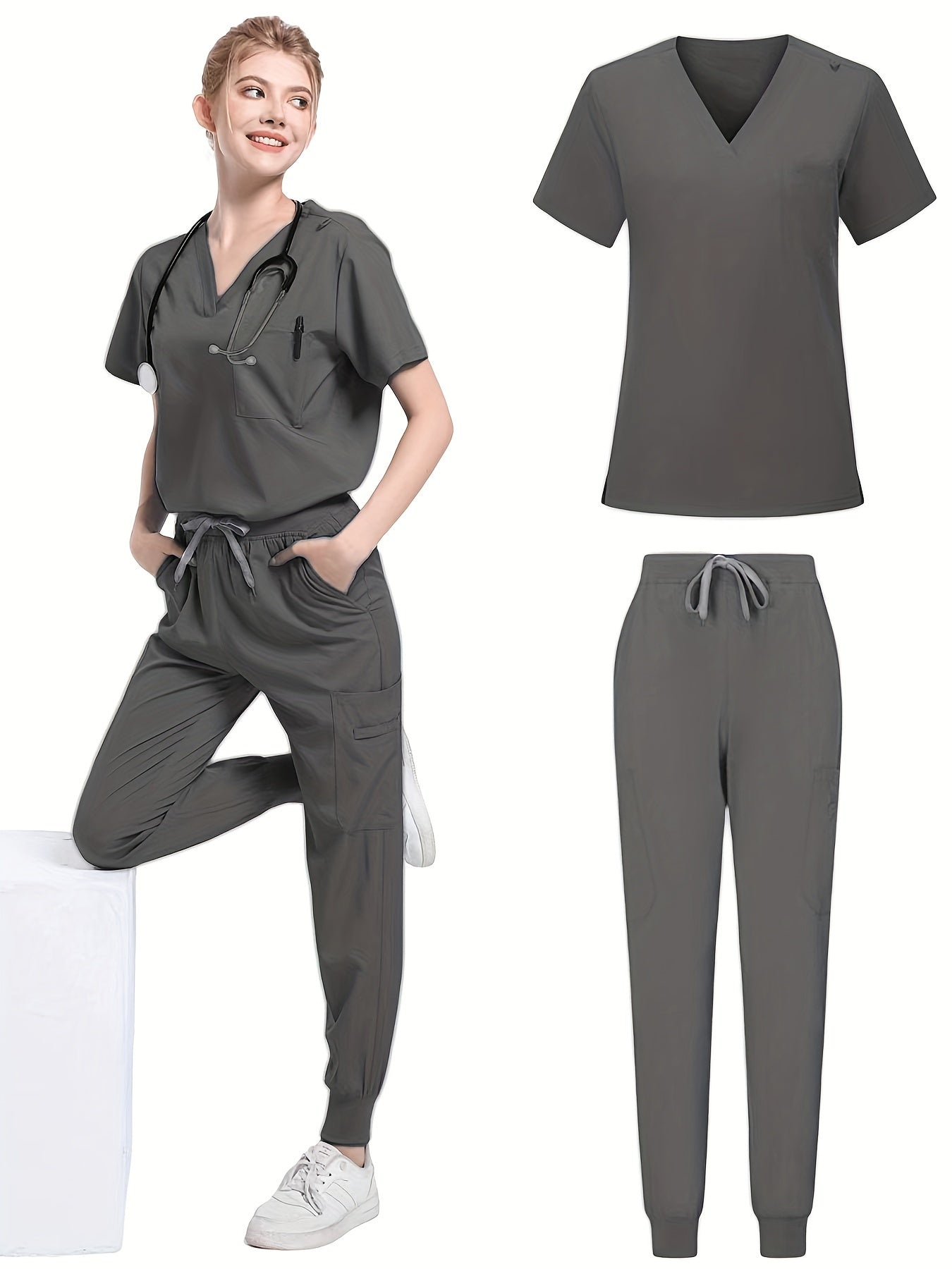 Elegante conjunto de uniforme médico de manga corta con cuello en V para profesionales de spa y médicos: mezcla de poliéster, lavable a máquina y con bolsillos