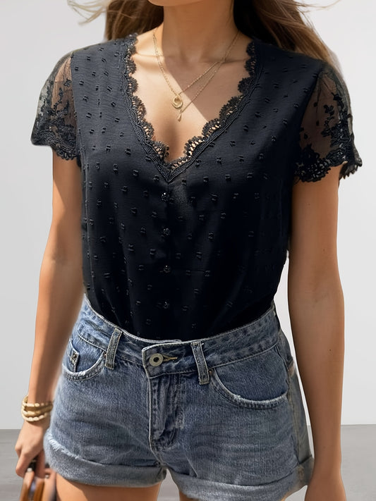 Swiss Dot Contrast Lace Blouse, Vacation V-neck Short Sleeve Button Front Blouse, Women's Clothing