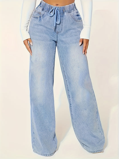 Soft Relaxed Fit Washed Denim Jeans - Elastic Waist, Drawstring Jeans - LuxyXO