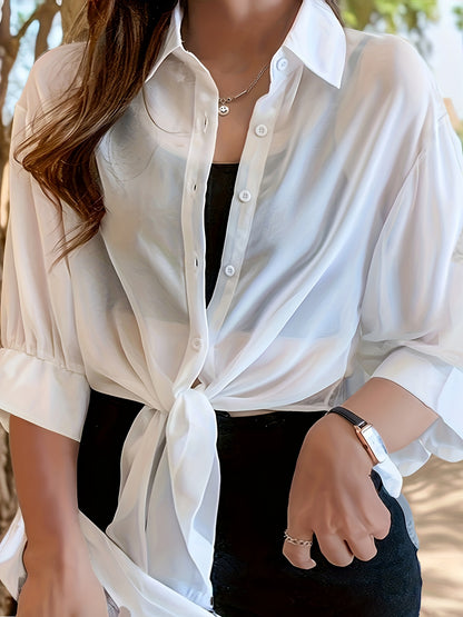 Plus Size Chic Solid Collared Blouse - Comfortable 3/4 Sleeves, Versatile Button Design - Perfect for Spring & Fall - Womens Fashionable Plus Size Wardrobe Staple