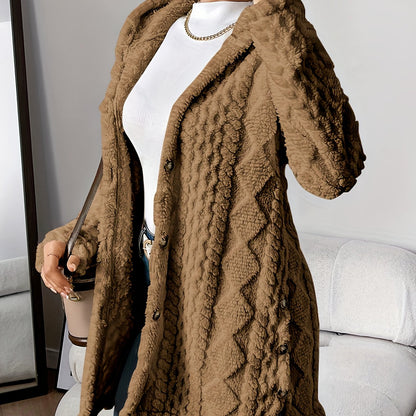 Button Front Hoodie Teddy Coat, Casual Long Sleeve Textured Fluffy Coat For Fall & Winter, Women's Clothing