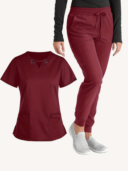 Stylish Solid Two-Piece Scrub Set - Women's Medical Uniform, Elegant V-Neck Short Sleeve Top & Drawstring Pants Outfit with Comfortable Fabric for Healthcare Professionals - Easy Care, Breathable, and Relaxed Fit