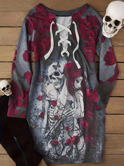 Chic Women's Knit Dress - V-Neck, Long Sleeve with Unique Skull & Rose Print, High Stretch Fabric, Machine Washable - Perfect for Spring/Summer/Fall