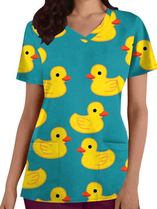 Blusa médica con estampado de patos vibrantes: uniforme sanitario ultra cómodo, funcional y transpirable para mujeres, perfecto para trabajar con niños en hospitales, consultorios dentales e instalaciones médicas