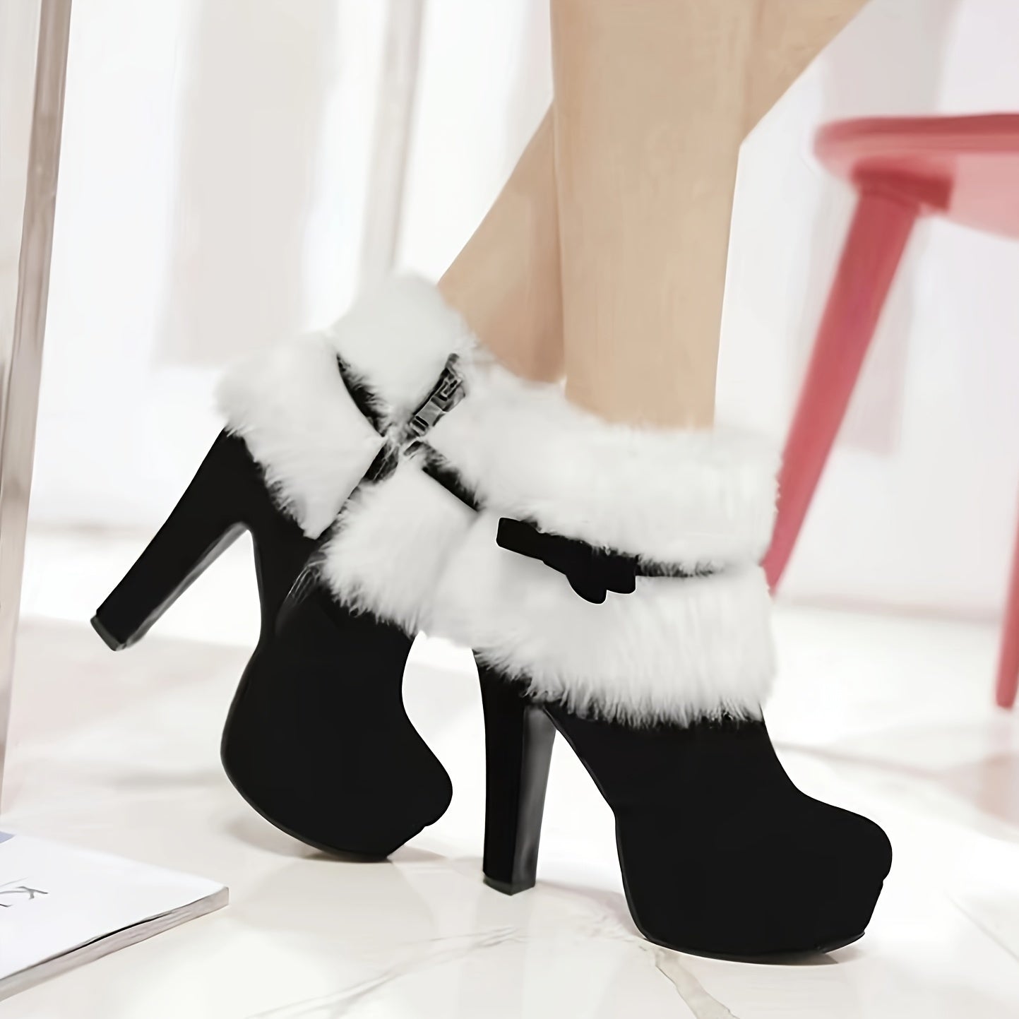 Chic Bowknot Decor Women's Short Boots - Plush Lined, Round Toe, High Block Heel with Side Zipper, Perfect for Winter & Christmas - LuxyXO