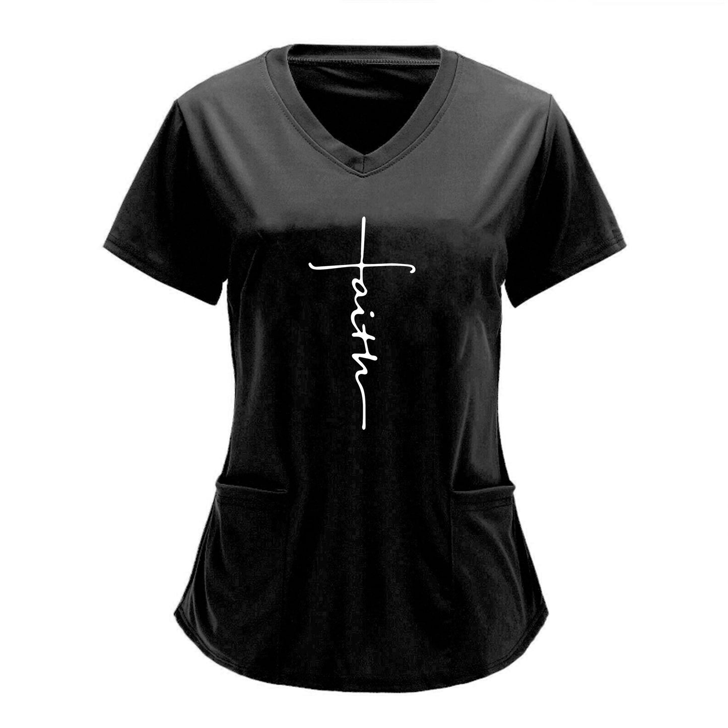 Black V-neck women's scrubs top with "faith" graphic print and practical patch pockets, short sleeves, and mid elasticity fabric.