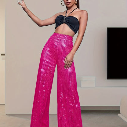 Sequin Decor Wide Leg Pants, Elegant High Waist Loose Pants For Party & Club, Women's Clothing