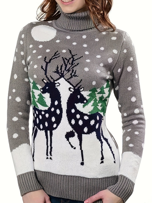 For Fall & Winter, Casual Long Sleeve Deer Pattern Turtle Neck Sweater, Women's Clothing