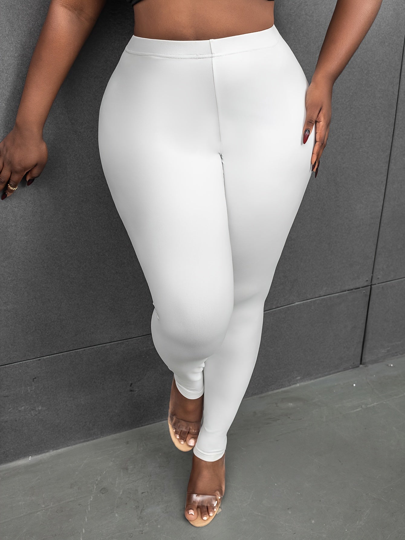 Plus Size Basic Leggings, Solid Elastic High Rise High Stretch