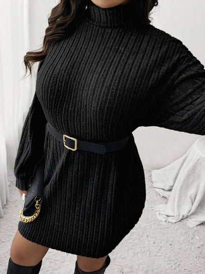 Women'S Plus Size High Neck Rib-Knit Knit Dress, Casual Long Sleeve Knee-Length Pullover