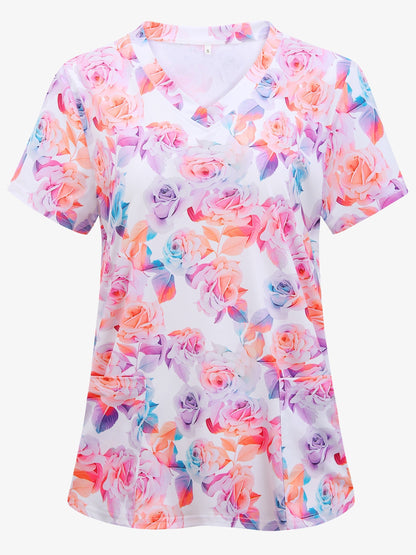 Floral Print V-neck Top, Functional Patched Pockets Short Sleeve Medical Uniform, Women's Clothing