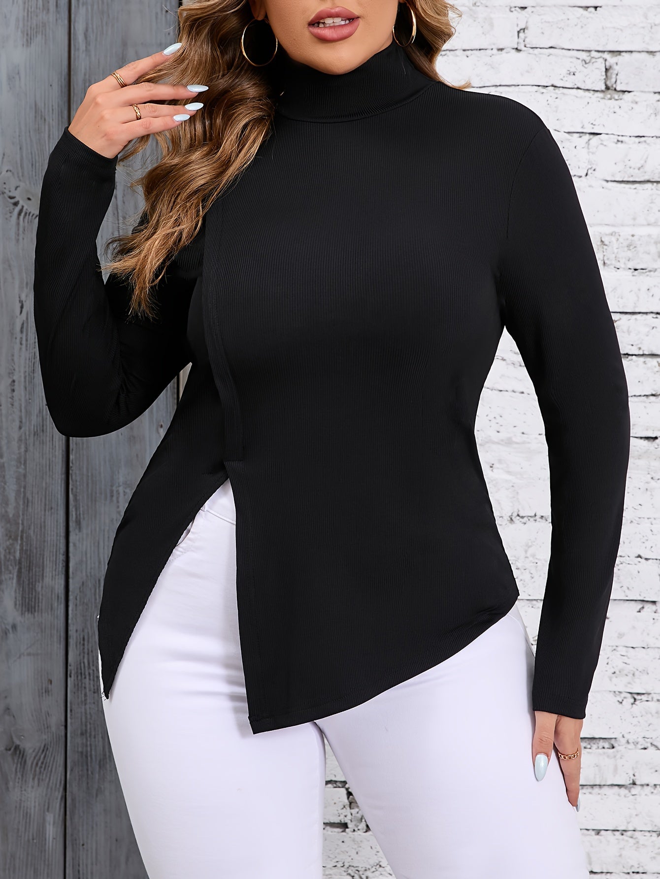 Plus Size Long Sleeve Irregular Split Hem T-shirt, Solid Color, High Neck, Women's Casual Sports Wear