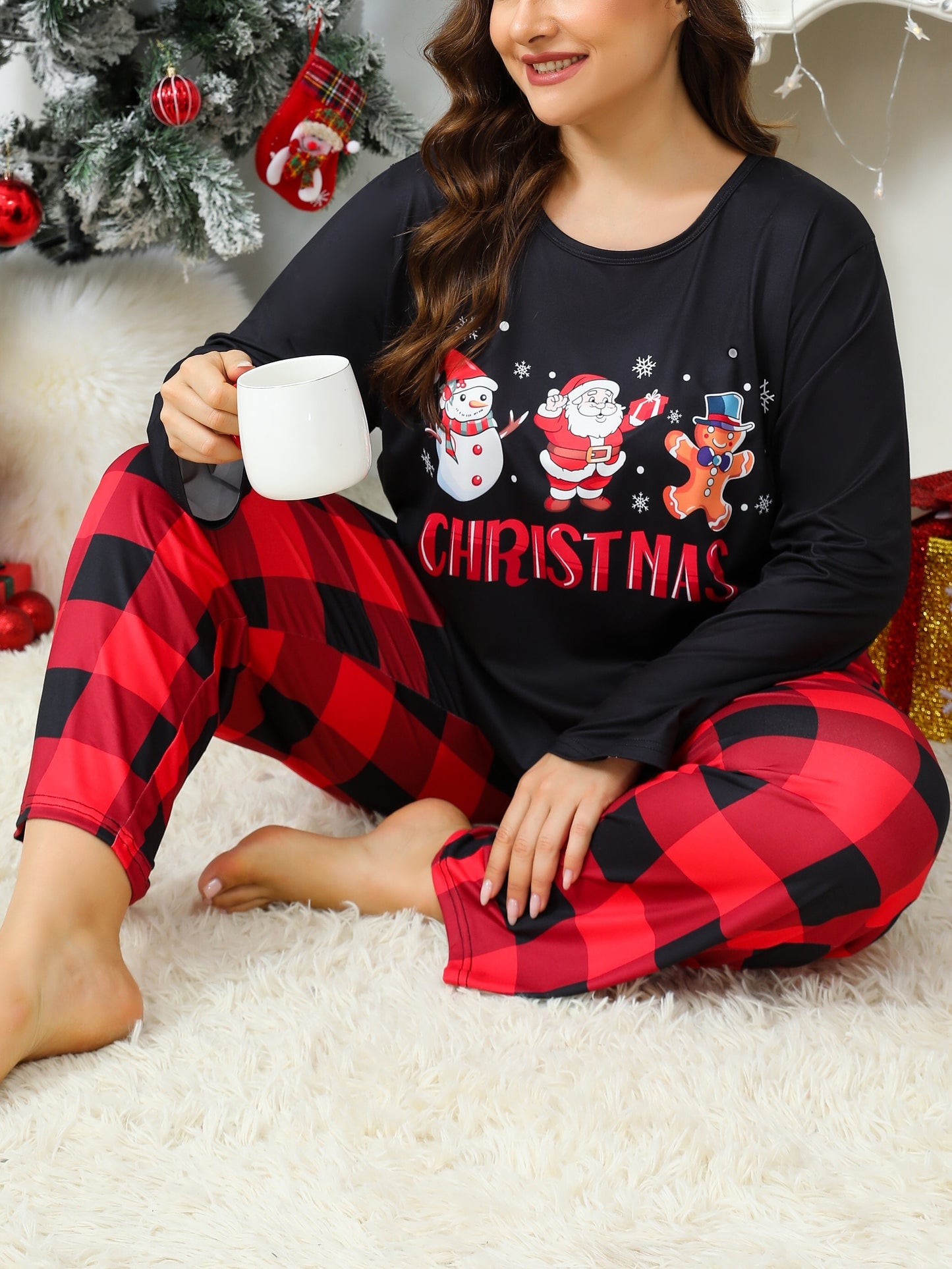 Plus Size Christmas Pajama Set, Long Sleeve Plaid Pants, Santa Gingerbread Print, Casual Polyester Knit Sleepwear, Adult Cozy Loungewear for Women