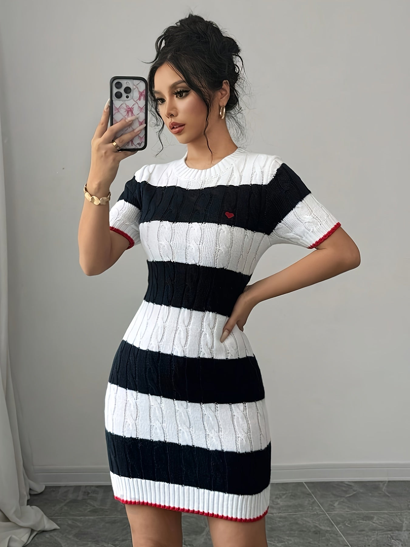 Chic Striped Knit Mini Dress for Women - Casual Short Sleeve, Round Neck with Color block Detail