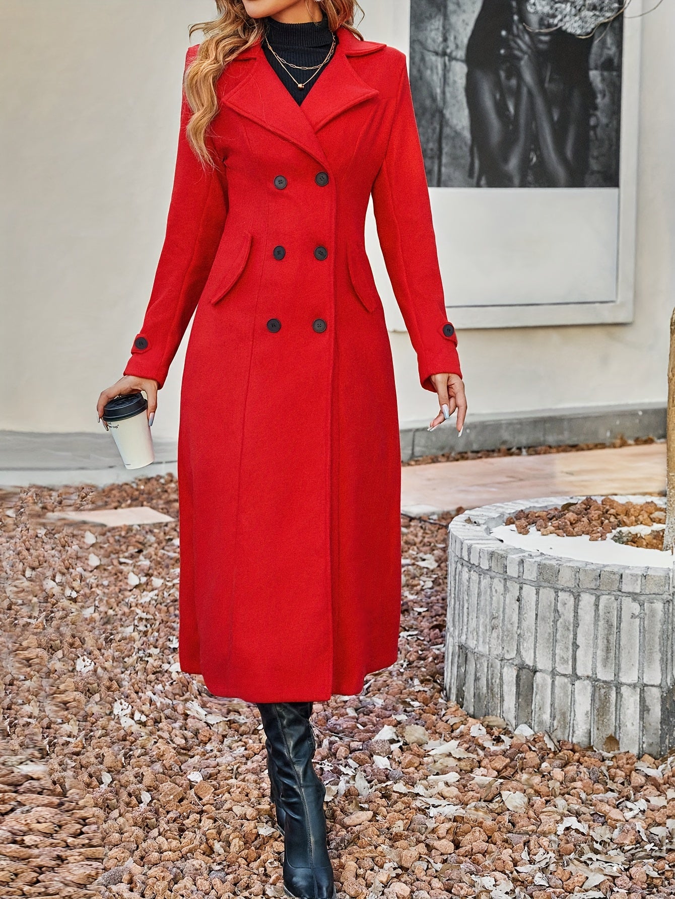 Abrigo cruzado con solapa con muescas, elegante abrigo liso de manga larga para otoño e invierno, ropa de mujer