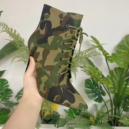 Botines elegantes de alta costura para damas con tacón de aguja de metal con diseño de camuflaje salvaje