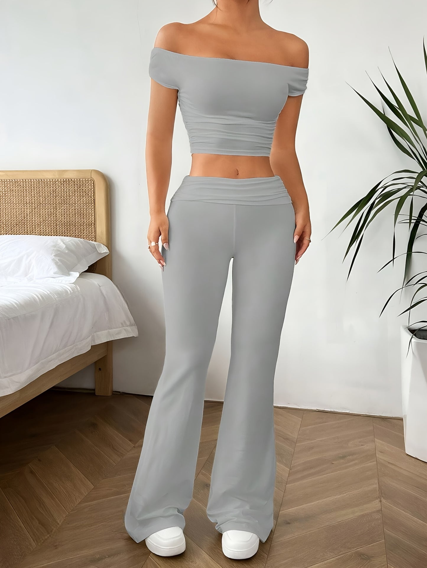 Off Shoulder Crop Top - Flared Leg Pants Set - LuxyXO