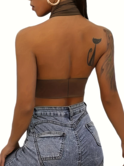 Stretchy Cut Out Cross Halter Top, Sexy Backless Crop Top