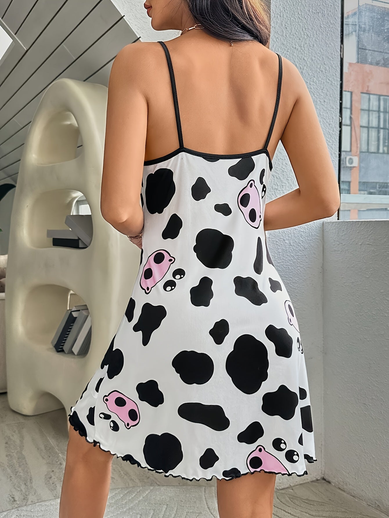 Women's Cute Cow Print Frill Trim Sleepwear Dress, Round Neck Backless Slip Dress, Comfortable Nightgown