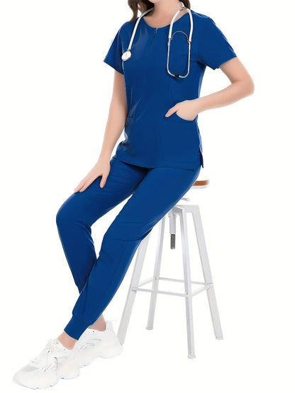 Cómodo conjunto de uniforme de enfermera: blusas quirúrgicas suaves con cuello redondo, bolsillos delanteros y pantalones con cordón para el hospital, ropa médica para mujer con tela transpirable y cintura ajustable