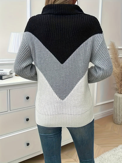 Women's plus size patchwork V-neck acrylic pullover sweater in black, gray, and white, featuring a cozy knit design.