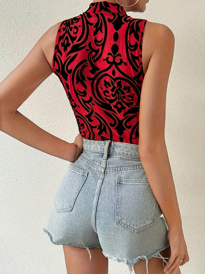 Body elegante con cuello alto y estampado floral - Diseño sexy sin mangas semitransparente - Ajuste entallado para moda de primavera y verano - Ropa informal diaria para mujer