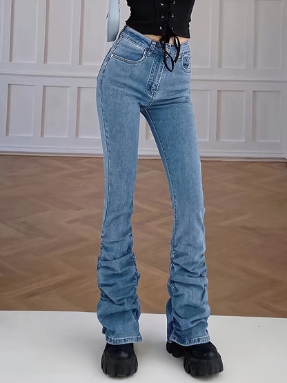 Vaqueros acampanados de tiro alto y elegantes: tejido denim elástico, bolsillos inclinados, color liso, para todas las estaciones, estilo urbano: vaqueros y ropa de moda para mujer con corte acampanado