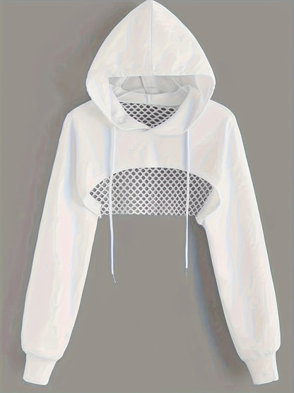 Hoodie Sweatshirt - Mesh Panels - Cropped Sports Jacket for Casual Chic Style - LuxyXO