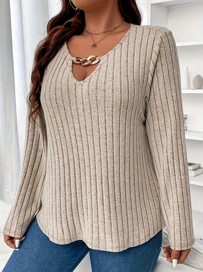 Plus Size Women's Solid Ribbed Cut Out Long Sleeve Round Neck Stretchy Top with Metal Decor and Slight Stretch for Casual Wear - Comfortable, Versatile, and Chic