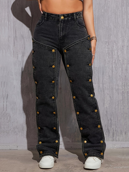 Plus size loose fit cargo denim pants with detachable buttons, high waist, and stylish hip hop streetwear design for women.