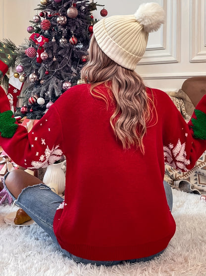 Cozy Christmas Pattern Crew Neck Sweater - Soft, Casual, Long Sleeve, Warm, Fall & Winter Essential - Women's Comfortable Clothing for Holiday Season