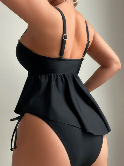 Women's Solid Color Tankini Set, Slimming Belly Cover-Up, High Stretch Polyester Fabric