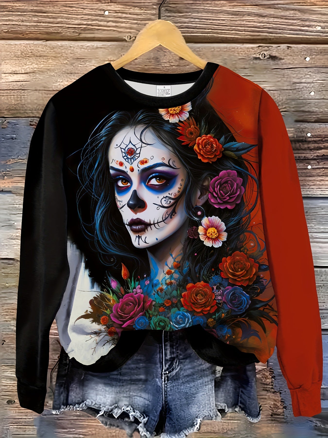 Sudadera con estampado floral y calavera punk vibrante del Día de los Muertos: jersey de manga larga con cuello redondo informal y suave para otoño/invierno con ajuste relajado y tela acogedora